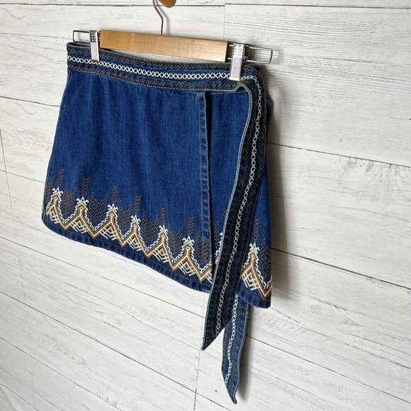 Free People Skirt Womens Size 0 Dream Away Denim Embroidered Wrap Tie Aztec - Picture 5 of 16